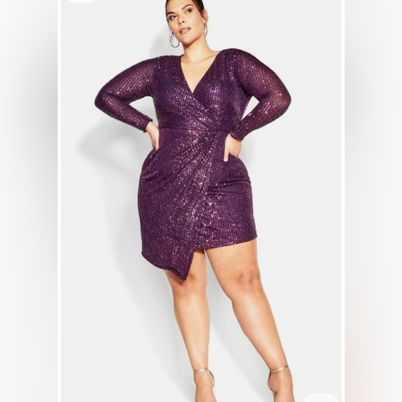 Long Sleeve Sequin Wrap Dress Purple City Chic Plus size Curve Mini Dress 14 - Picture 1 of 7